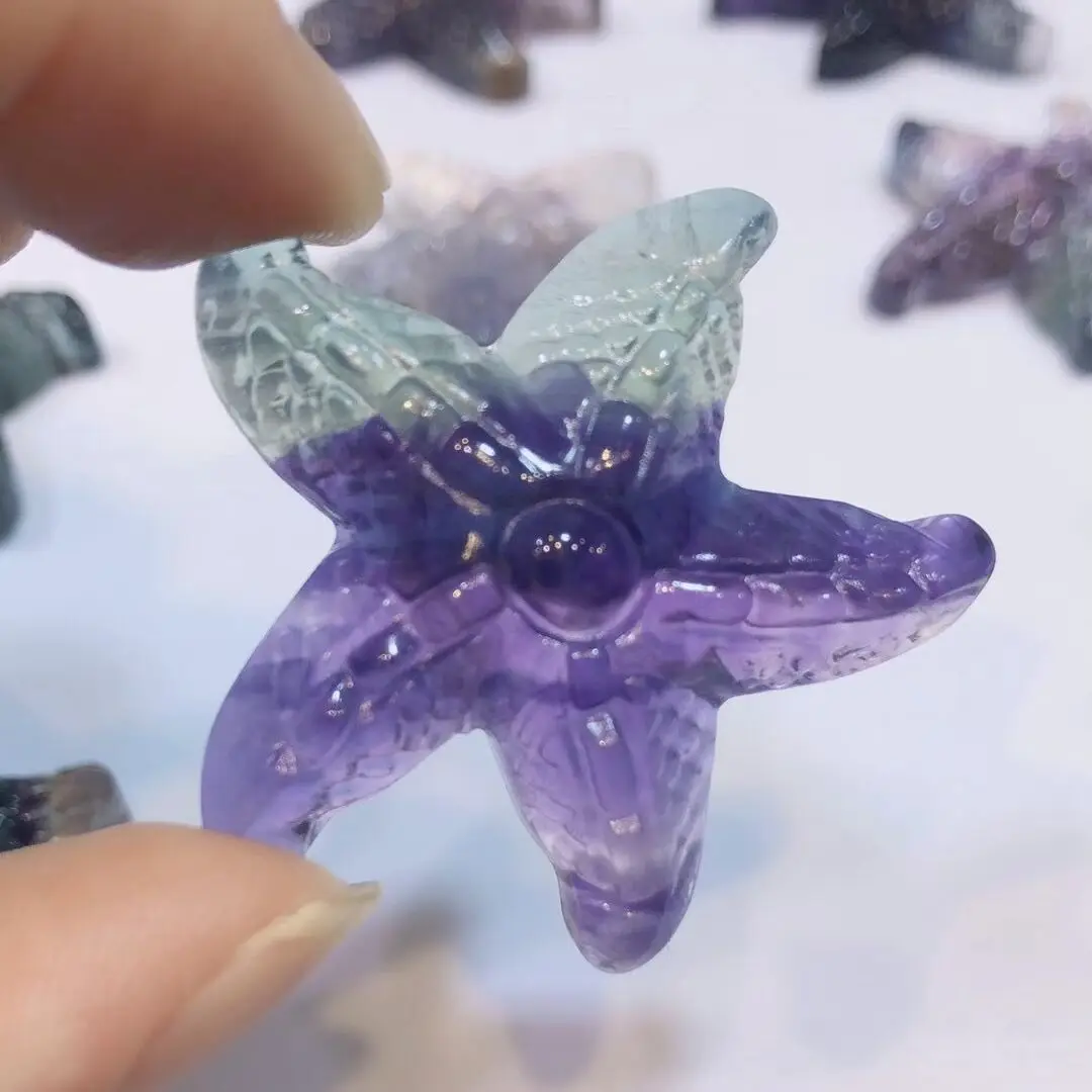 1pcs Natural Rainbow Fluorite Starfish Carved Quartz Crystal Starfish Healing stone Crystal Charms Women Jewelry Gift home decor
1pcs Natural Rainbow Fluorite Starfish Carved Quartz Crystal Starfish Healing stone Crystal Charms Women Jewelry Gift home decor