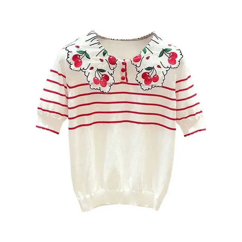 2021 summer new cherry embroidery baby collar short sleeve ice silk T-shirt versatile loose STRIPE TOP
2021 summer new cherry embroidery baby collar short sleeve ice silk T-shirt versatile loose STRIPE TOP