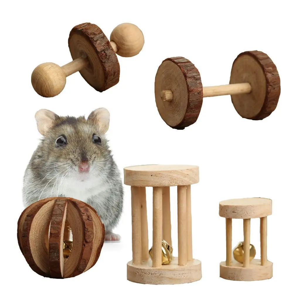 

Cute Natural Wooden Rabbits Toys Pine Dumbells Unicycle Bell Roller Chew Toys for Guinea Pigs Rat Small Pet Molars Supplies