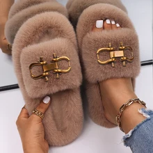 Fashion Slippers Women Buckle Decor Furry Slides Ladies Fluffy Flip Flops Luxury Designer Fur Sandals Cute Slippers Casual Shoes