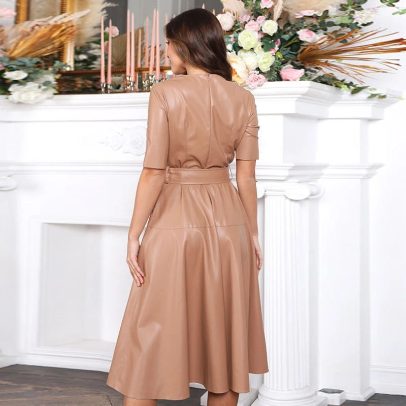 Moarcho Casual Pu Leather A-Line Party Dress Women Solid Color Round Neck Summer Fashion Belt High Waist Mini Dress 2021 New
Moarcho Casual Pu Leather A-Line Party Dress Women Solid Color Round Neck Summer Fashion Belt High Waist Mini Dress 2021 New