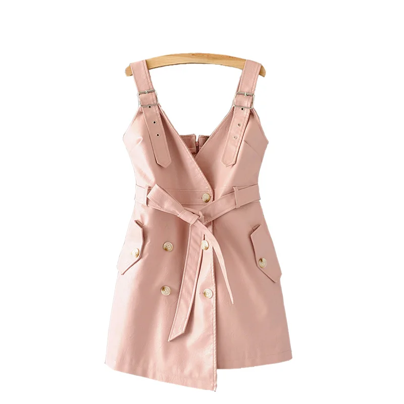 Women Spring autumn PU faux leather dress deep V Neck belt Mini length back zipper S-XL 4colors irregular drop shipping | Женская одежда