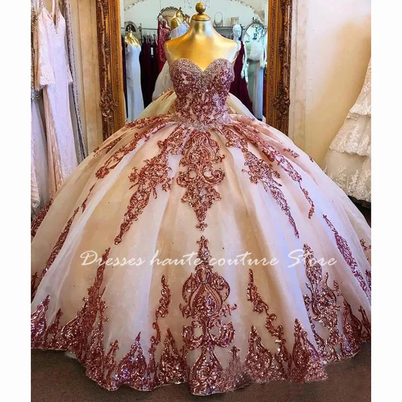 

Rose Gold Sweet 16 Quinceanera Dresses Sequined Applique Beaded Sweetheart Organza Pageant Dress Mexican Girl Birthday Gown