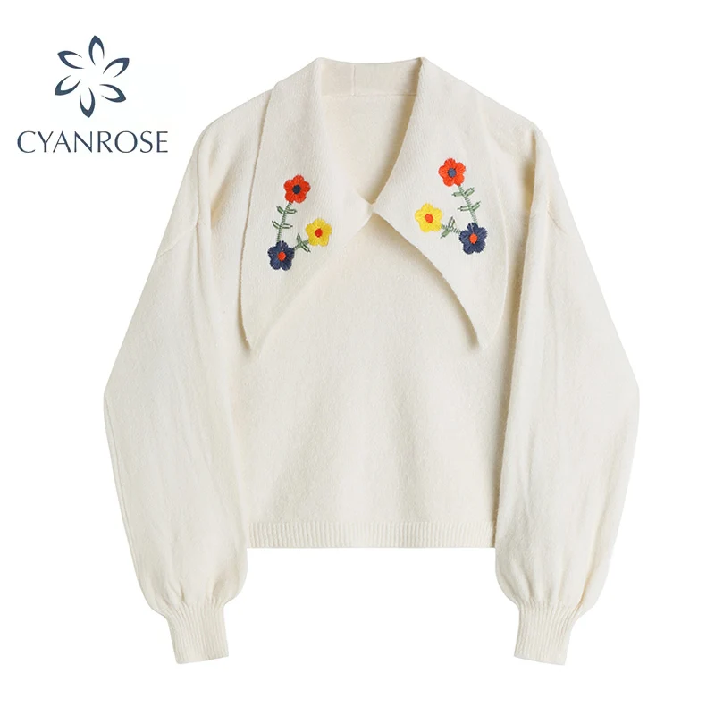 Fashion Lantern Sleeve Knitted Sweaters Women Pullover Casual Big Turn-down Collar Sweater Autumn Flower Embroidery Tops 2021
Fashion Lantern Sleeve Knitted Sweaters Women Pullover Casual Big Turn-down Collar Sweater Autumn Flower Embroidery Tops 2021