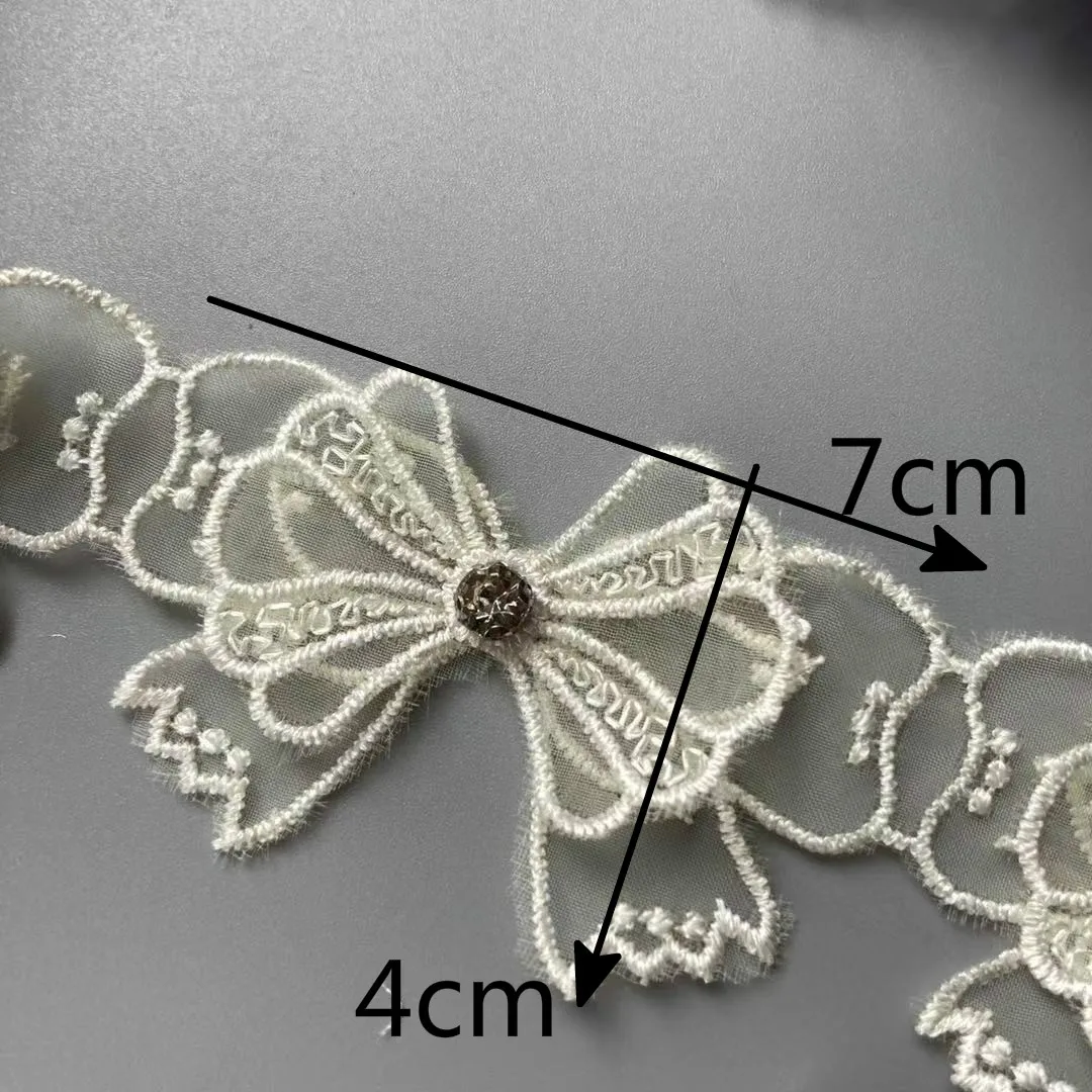 

10X Ivory Lace Trim Ribbon Mesh Bowknot Rhinestones Embroidered Patches Applique Fabric DIY Wedding Dress Sewing Supplies 7 CM