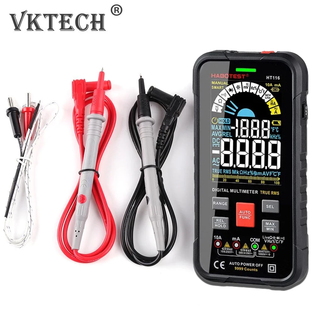 

HT116 Auto Range 1000V 10A True RMS Digital Smart Multimeter Portable AC DC Tester Volt Voltmeter Ammeter Ohm Voltage Current