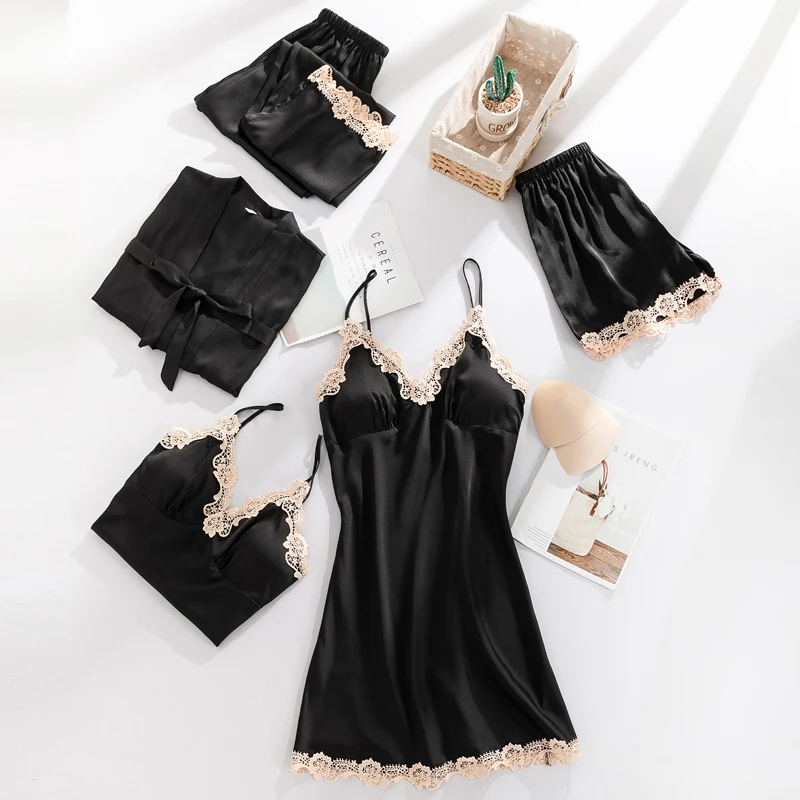 Kimono Robe Set Lace Spring New Pink Nightgown 5PCS Pajamas Suit Women Sexy Nightwear Loungewear Satin Intimate Lingerie
Kimono Robe Set Lace Spring New Pink Nightgown 5PCS Pajamas Suit Women Sexy Nightwear Loungewear Satin Intimate Lingerie