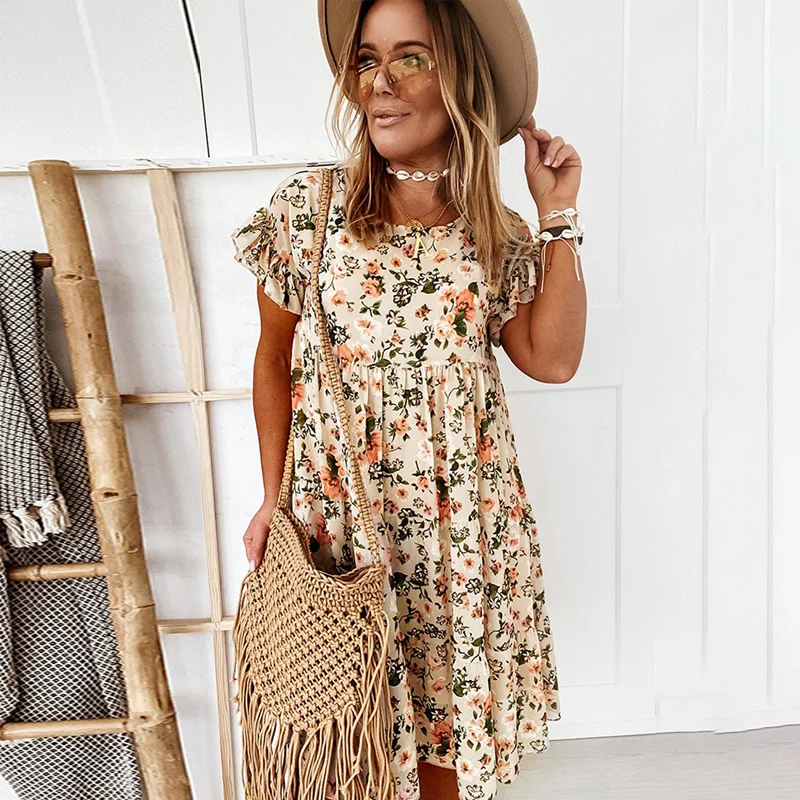 Women's Bohemian Dress Cotton Beachwear Casual Dress Floral Printing Midi Dress Ruffle Sleeve O-Neck Summer Dresses Women
Women's Bohemian Dress Cotton Beachwear Casual Dress Floral Printing Midi Dress Ruffle Sleeve O-Neck Summer Dresses Women
