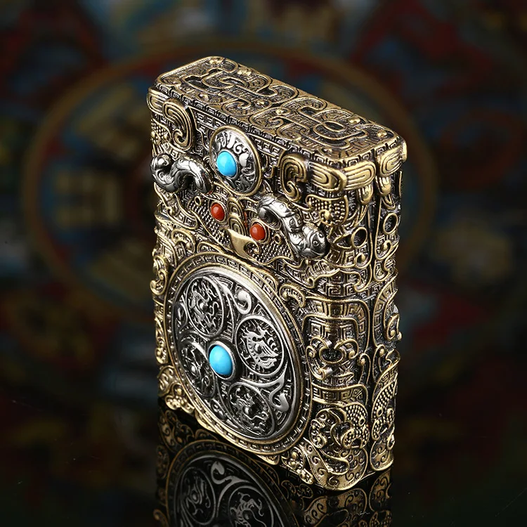 Kerosene lighter, Tibetan silver, bronze, five elements and four elephants rotary table, with Hong Kong liner
Kerosene lighter, Tibetan silver, bronze, five elements and four elephants rotary table, with Hong Kong liner