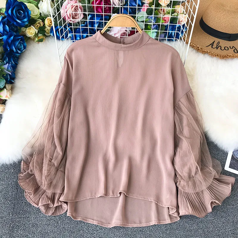 2020 Spring Women Loose Chiffon Blouse Shirt Mesh Stitching Stand Collar Ladies Elegant Flounced Casual Shirts
2020 Spring Women Loose Chiffon Blouse Shirt Mesh Stitching Stand Collar Ladies Elegant Flounced Casual Shirts