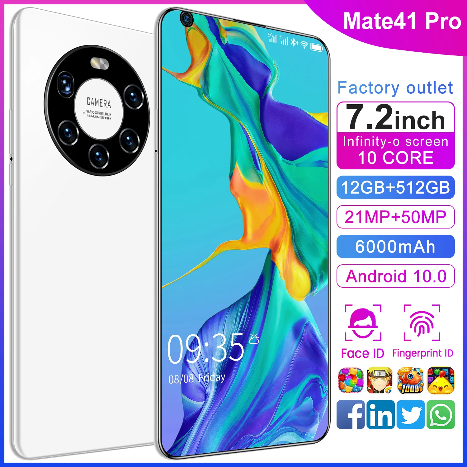 Latest Generation! Mate41Pro 7.2inch 12+512G 21MP+50MP Camera 6000mAh Big battery,Dual SIM Support T-Flash Card.4G Smartphone
Latest Generation! Mate41Pro 7.2inch 12+512G 21MP+50MP Camera 6000mAh Big battery,Dual SIM Support T-Flash Card.4G Smartphone
