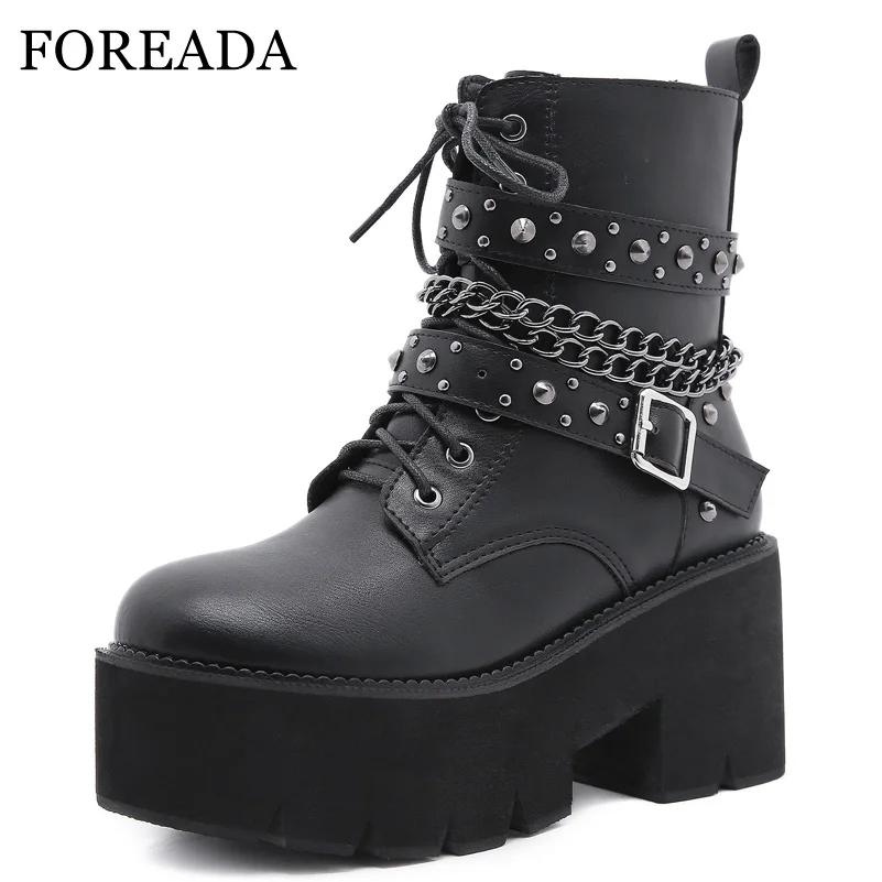 FOREADA Woman Punk Motorcycle Boots Platform Thick High Heel Rivet Shoes Chain Round Toe Zipper Ankle Boots Autumn Nightclub 43
FOREADA Woman Punk Motorcycle Boots Platform Thick High Heel Rivet Shoes Chain Round Toe Zipper Ankle Boots Autumn Nightclub 43