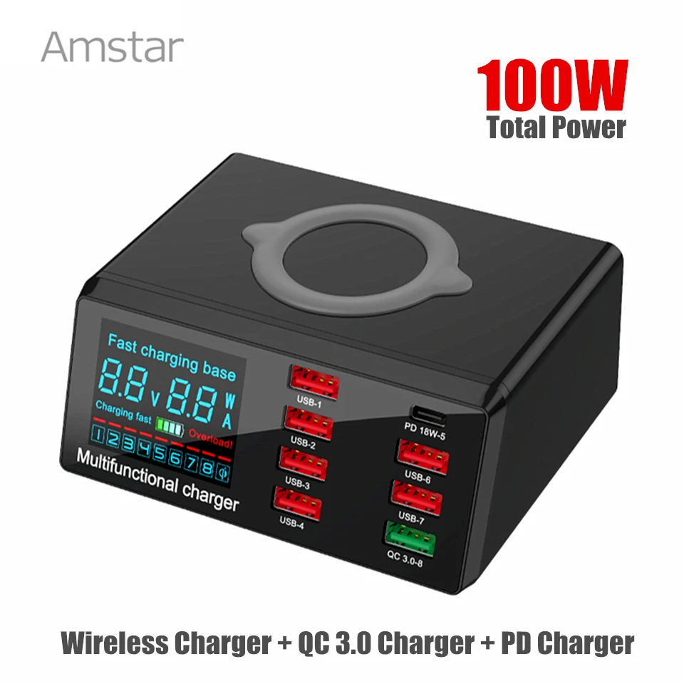 Amstar 100W USB зарядное устройство для беспроводной зарядки QC3.0 18 Вт PD автомобильное