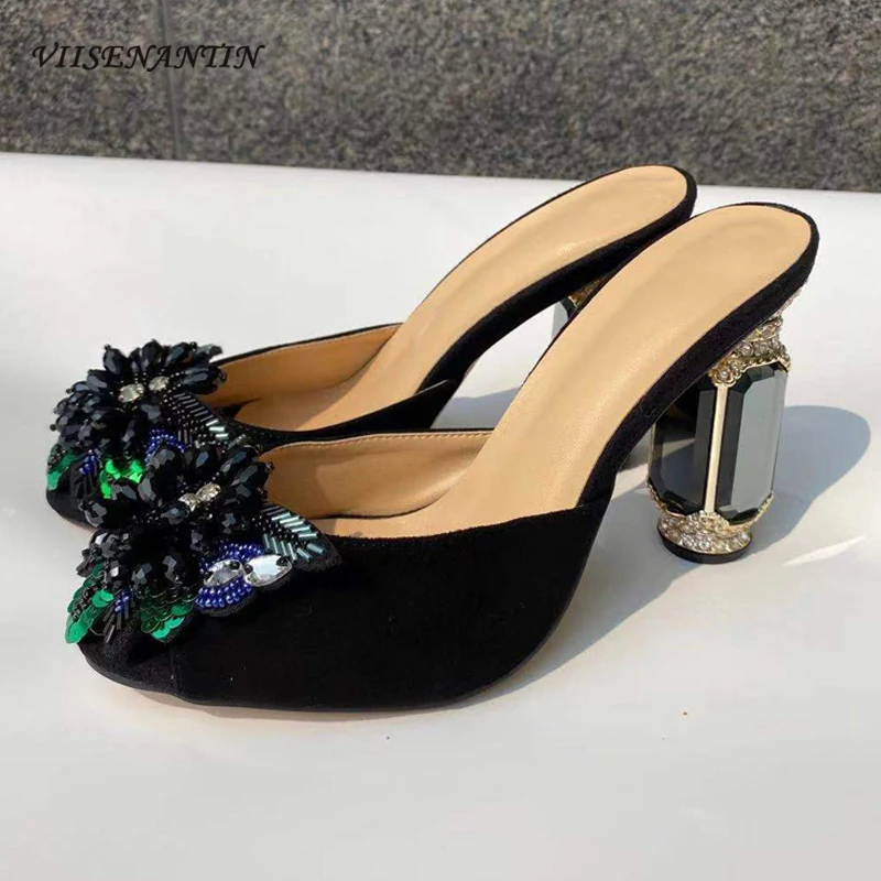 Gemstone High Heel Wedding Sandals Party Shoes Women Black Suede Leather Peep Toe Slip on Slides Sexy Fashion Shoe
Gemstone High Heel Wedding Sandals Party Shoes Women Black Suede Leather Peep Toe Slip on Slides Sexy Fashion Shoe