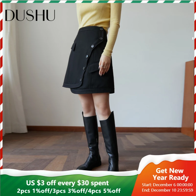 

DUSHU Women Diagonal Placket Asymmetrical Design Winter New Slim High Waist A-line Skirt Black Retro Commuter Casual Mini Skirts