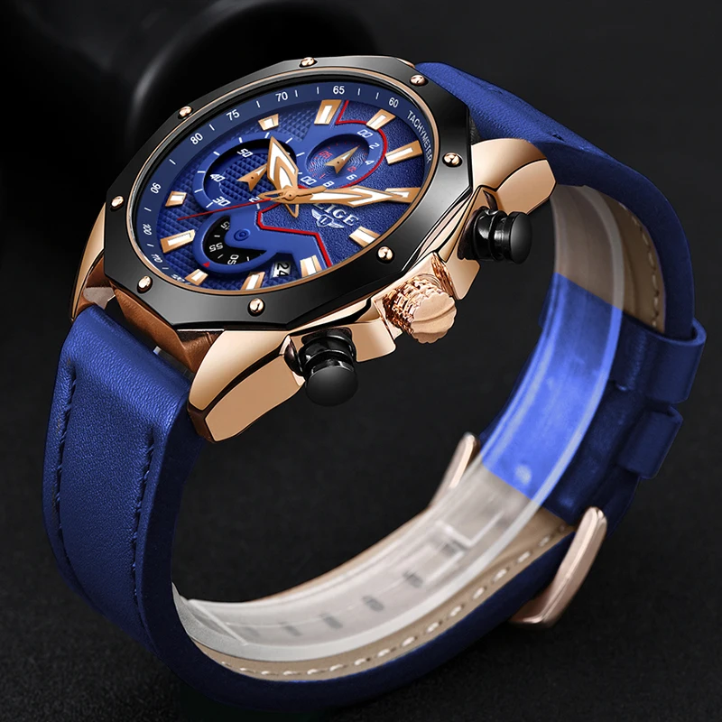 LIGE New Mens Watches Top Brand Luxury Business Quartz Watch For Men Blue Leather Waterproof Sport Chronograph Relogio Masculino | Наручные