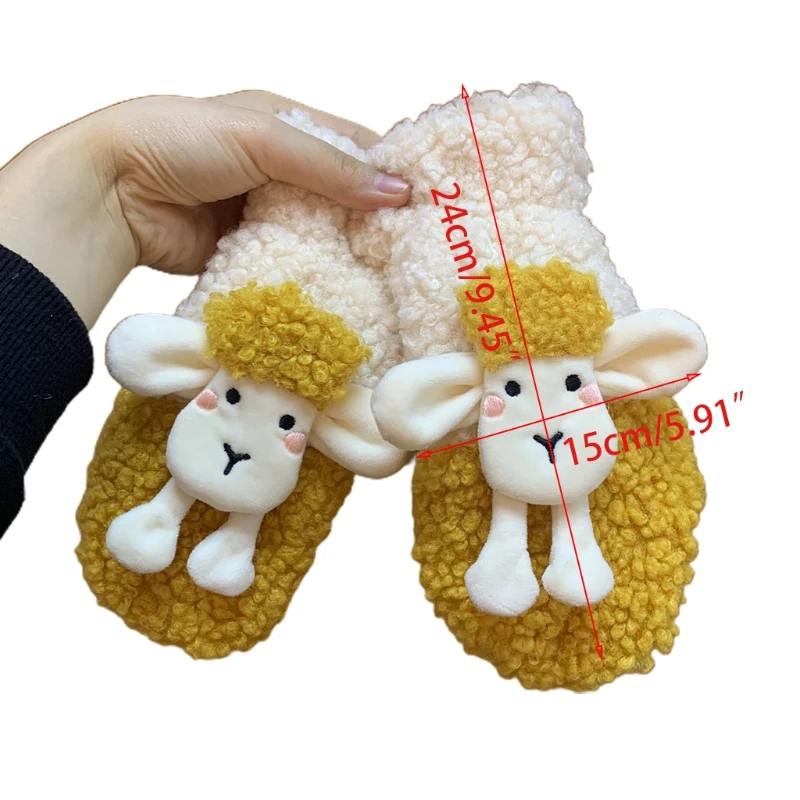 

Female Girls Winter Faux Fleece Gloves 3D Cartoon Sheep Animal Furry Plush Lining Thermal Windproof Mittens with String