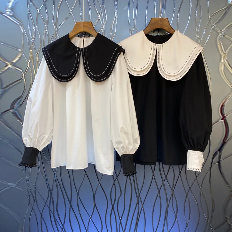 2021 Spring New Shawl Ruffles Peter Pan Collar Black and White Contrast Color Lantern Sleeve All-Matching Shirt Blouse
2021 Spring New Shawl Ruffles Peter Pan Collar Black and White Contrast Color Lantern Sleeve All-Matching Shirt Blouse