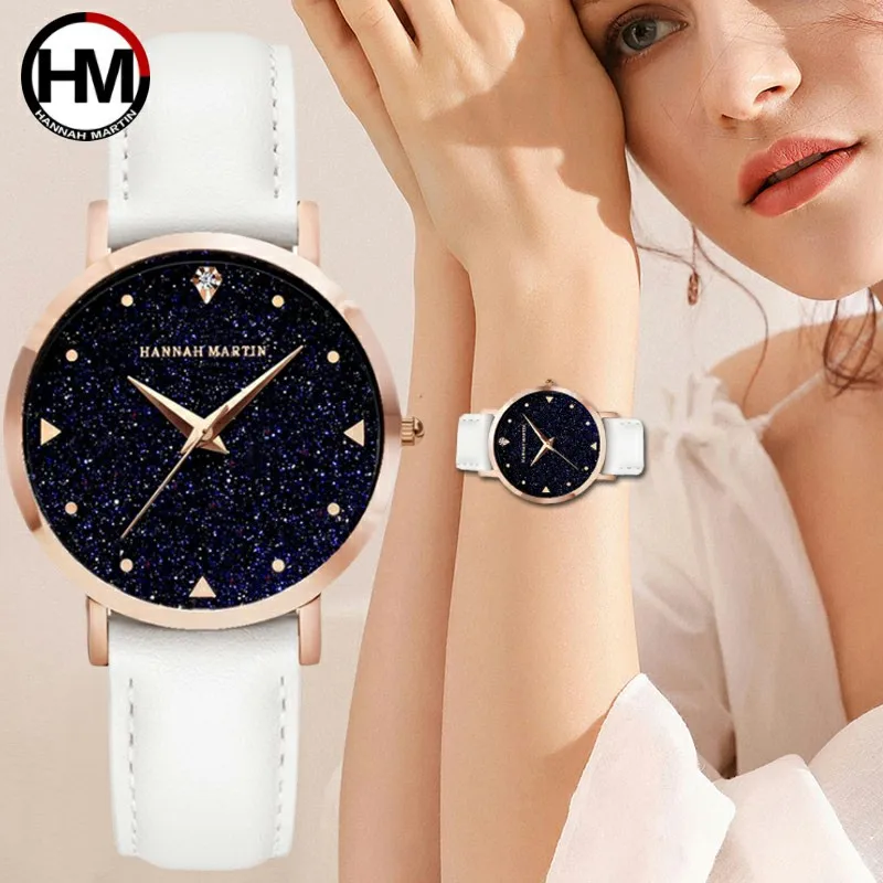 

HM Top Luxury Brand Japanese Original Imported Movement Quartz Watch Ladies Waterproof Leather Flash Star Dial Watch Woman Clock