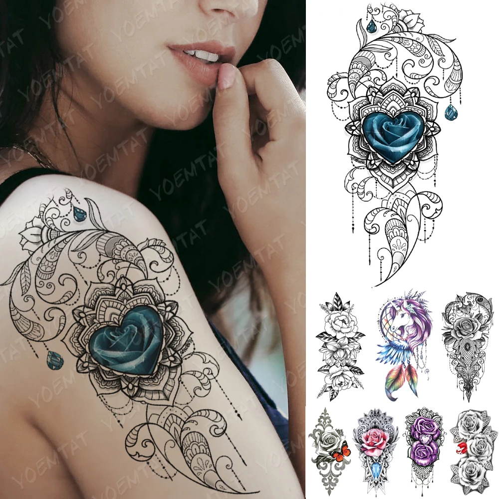 Водостойкая временная татуировка наклейка кружева сердце цветок Единорог флеш