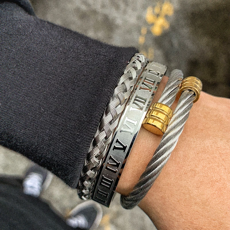 Classic Roman Numeral Men Bracelet Handmade Stainless Steel Hemp Rope Buckle Open Bangles Pulseira Bileklik Luxury Jewelry
Classic Roman Numeral Men Bracelet Handmade Stainless Steel Hemp Rope Buckle Open Bangles Pulseira Bileklik Luxury Jewelry