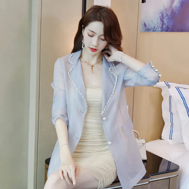 Organza Summer Blazer 2020 Thin Section Beading Suit Collar Women's Blouses Mid-length Ultra Gauze Sunscreen Jacket Slim K258
Organza Summer Blazer 2020 Thin Section Beading Suit Collar Women's Blouses Mid-length Ultra Gauze Sunscreen Jacket Slim K258