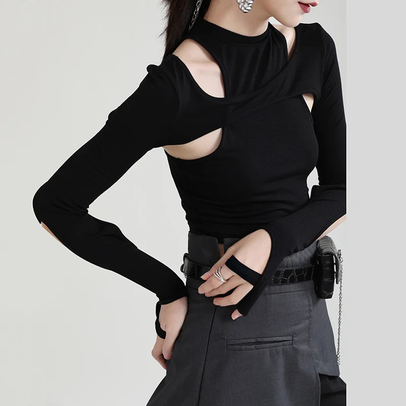 2021 Autumn Hollow Out Women Short T-shirts Round Neck Long Sleeve Slim Cropped Tops Street Irregular Style Black T-shirt Tops
2021 Autumn Hollow Out Women Short T-shirts Round Neck Long Sleeve Slim Cropped Tops Street Irregular Style Black T-shirt Tops