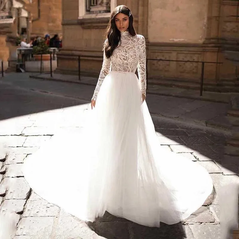 A Line Muslim Wedding Dresses Long Sleeve High Neck Lace Boho Bride Dresses Vestidos de novia
A Line Muslim Wedding Dresses Long Sleeve High Neck Lace Boho Bride Dresses Vestidos de novia