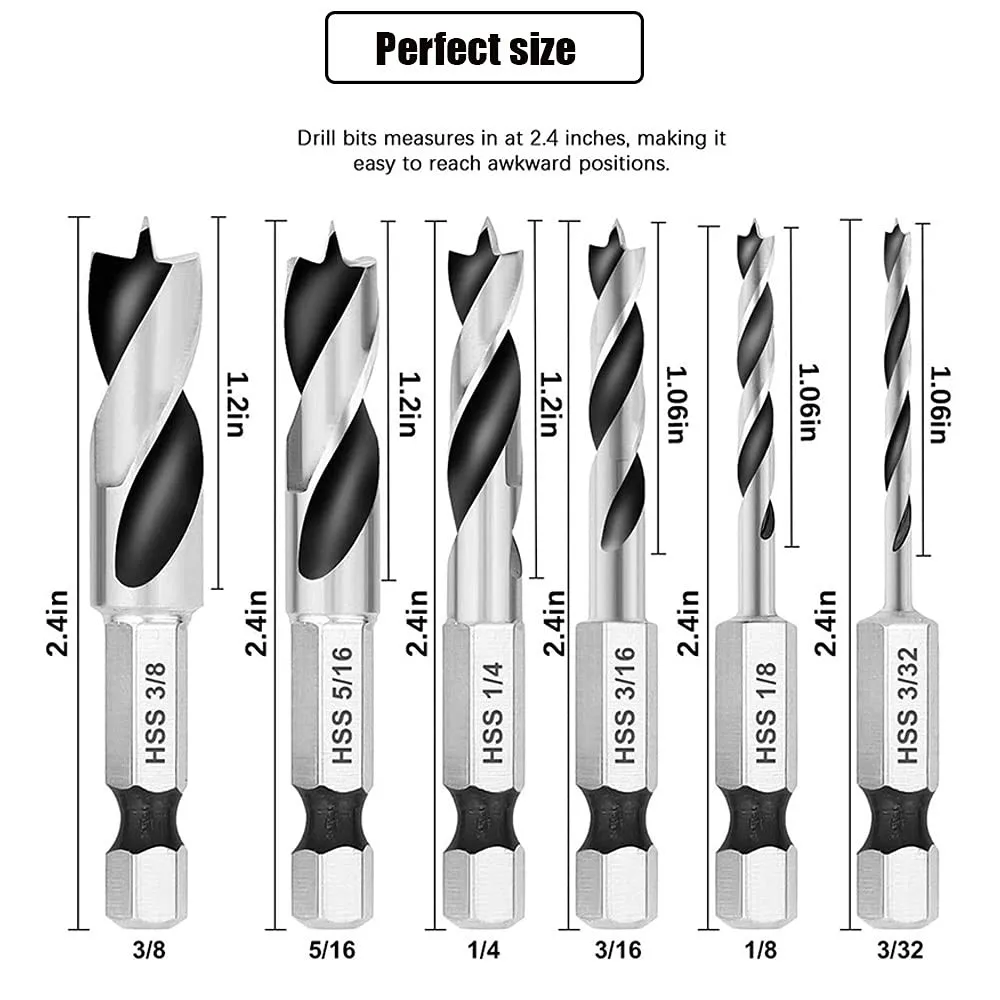 6pcs HSS SAE Brad Point Stubby Drill Bit Set For Wood With 1/4-Inch Quick Change Hex Shank 3/32 1/8 3/16 1/4 5/16 3/8 Fast Ship
6pcs HSS SAE Brad Point Stubby Drill Bit Set For Wood With 1/4-Inch Quick Change Hex Shank 3/32 1/8 3/16 1/4 5/16 3/8 Fast Ship
