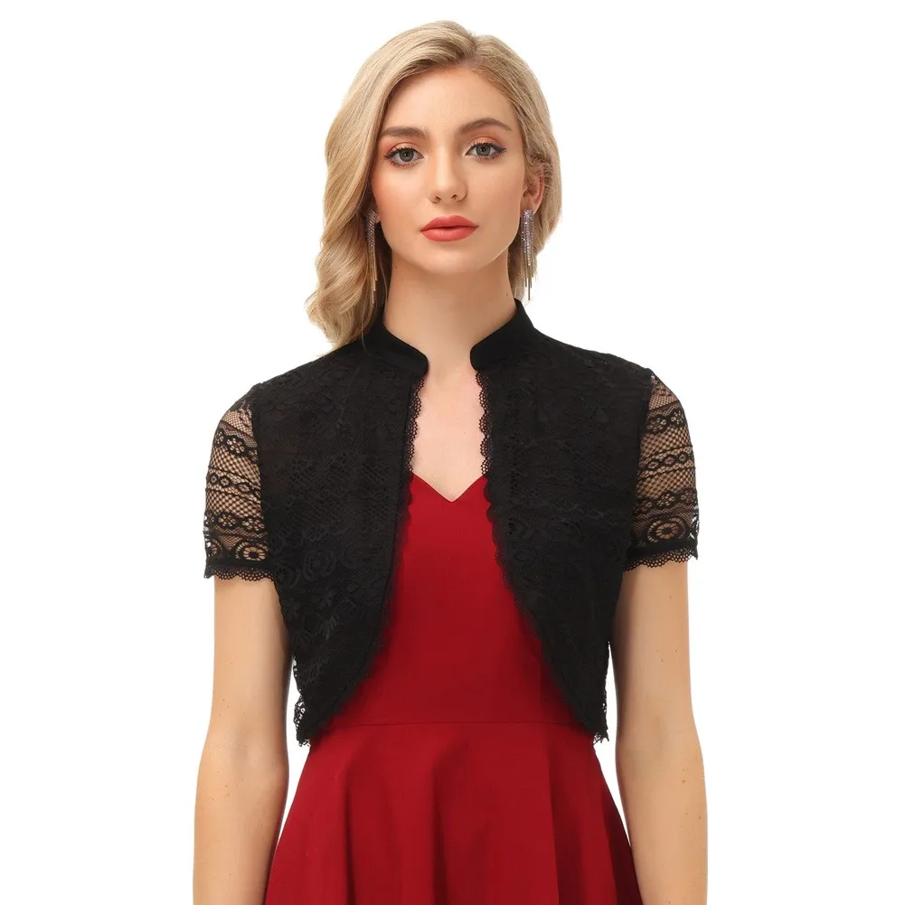 Formal Women Lace Bolero Wedding Party Bridesmaid Stylish Short Sleeve Stand Collar Open Front Shrug Elegant Vintage Coats Lady
Formal Women Lace Bolero Wedding Party Bridesmaid Stylish Short Sleeve Stand Collar Open Front Shrug Elegant Vintage Coats Lady