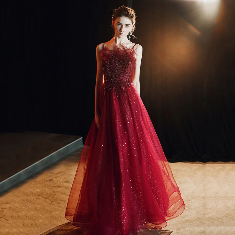 2022 Fashion Sexy Strap Formal Evening Dresses Wine Red Sequin Beading Long Elegant Tulle A-line Party Prom Backless Dress
2022 Fashion Sexy Strap Formal Evening Dresses Wine Red Sequin Beading Long Elegant Tulle A-line Party Prom Backless Dress