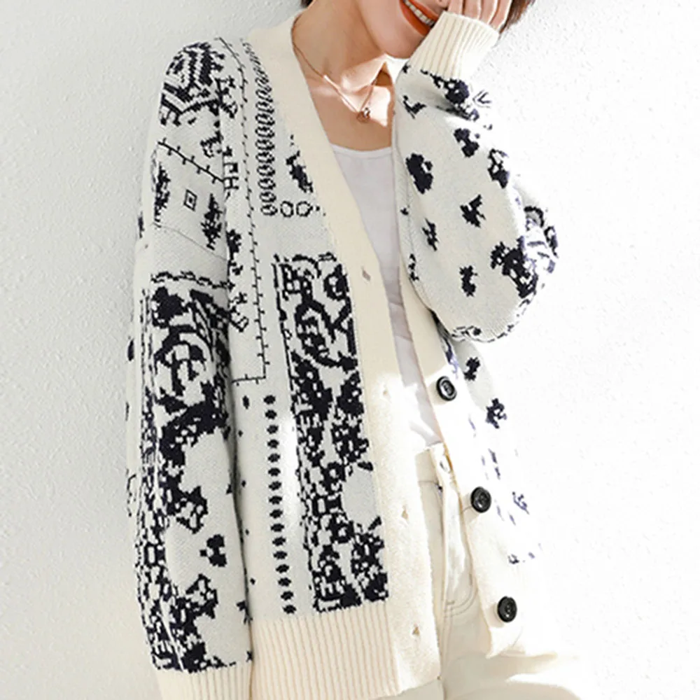 2021 Retro Women Fashion Knits Sweater Casual Floral Printing Long Sleeve Mid-length Cardigan Loose Autumn Winter Lady Sweater
2021 Retro Women Fashion Knits Sweater Casual Floral Printing Long Sleeve Mid-length Cardigan Loose Autumn Winter Lady Sweater