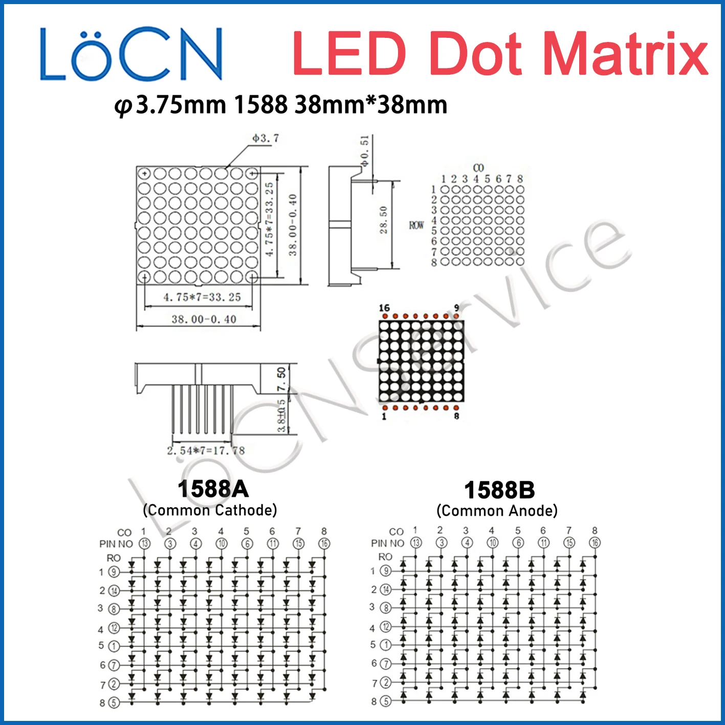 8x8 8*8 3.75mm LED Dot Matrix Display RED GREEN Module Common Cathode Common Anode 38*38mm 1.9mm 3.0mm 5mm digital tube 1588
8x8 8*8 3.75mm LED Dot Matrix Display RED GREEN Module Common Cathode Common Anode 38*38mm 1.9mm 3.0mm 5mm digital tube 1588