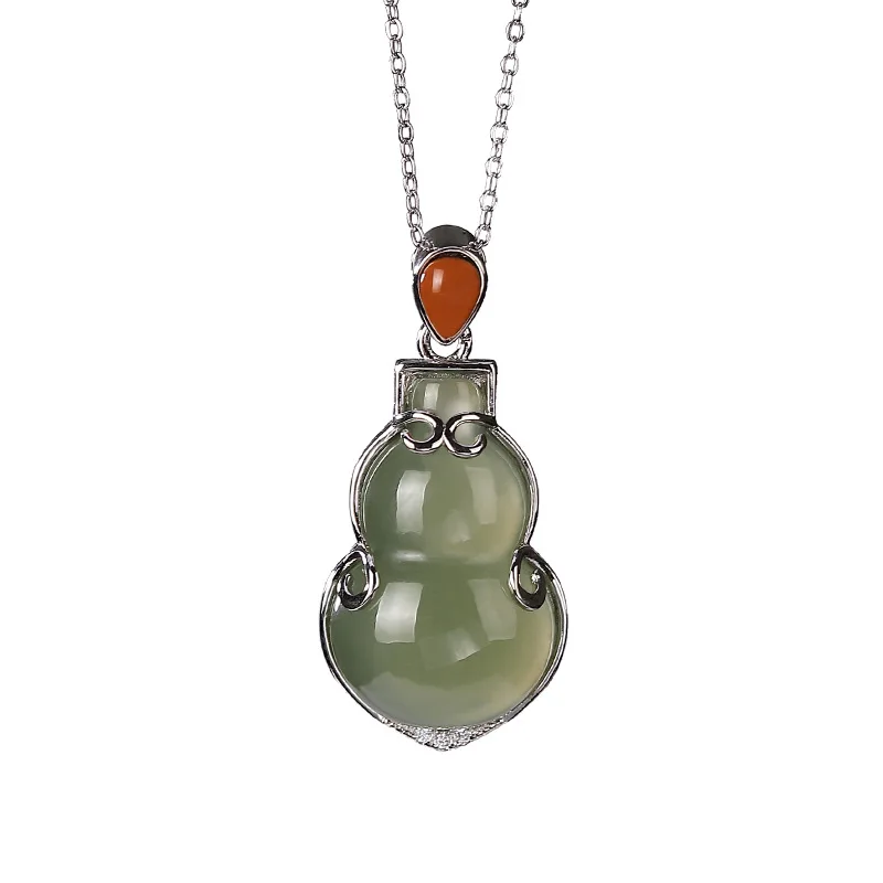 

S925 sterling silver Hetian gray jade southern red agate pendant vintage Chinese style gourd Fu Lu Lady pendant