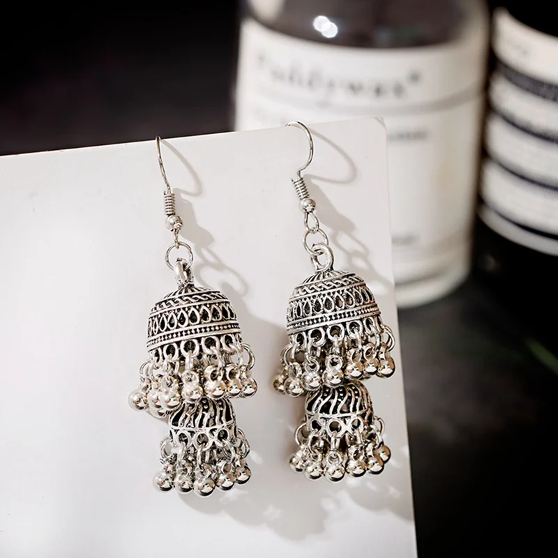

Retro Indian Jewelry New Boho Ethnic Gypsy Afghan Silver Color Double Bircages Bell Tassel Drop Dangle Earrings For Women Jhumka