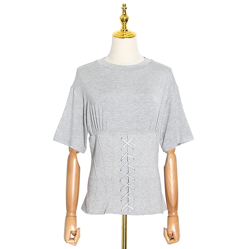 Tide brand catwalk summer new fashion retro solid color round neck waist strap t-shirt top 
Tide brand catwalk summer new fashion retro solid color round neck waist strap t-shirt top