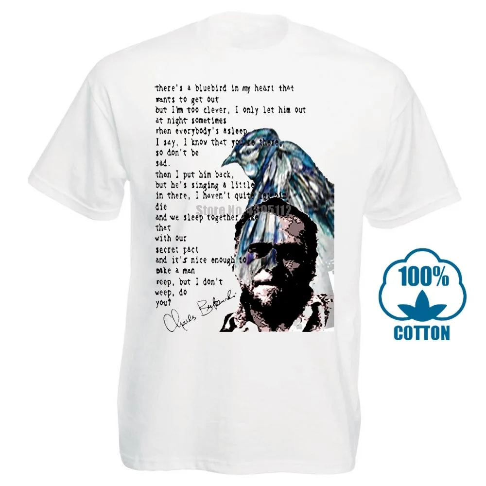 Мужская хлопковая футболка Charles Bukowski белая хипстерская с синими птицами и