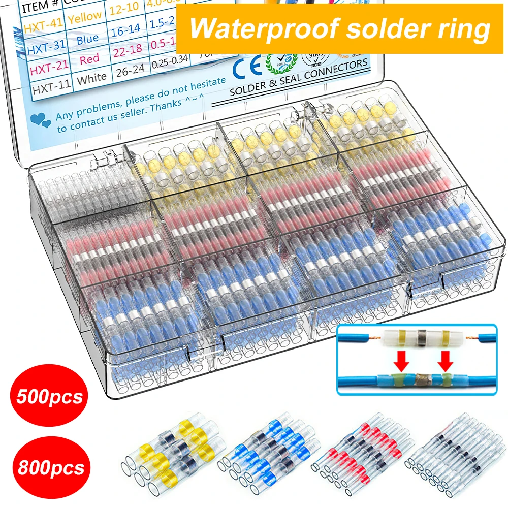 800pcs Solder Seal Wire Connectors Heat Shrink Tube Electrical Crimp Connectors Waterproof Insulated Cable Splice Terminal Kit
800pcs Solder Seal Wire Connectors Heat Shrink Tube Electrical Crimp Connectors Waterproof Insulated Cable Splice Terminal Kit