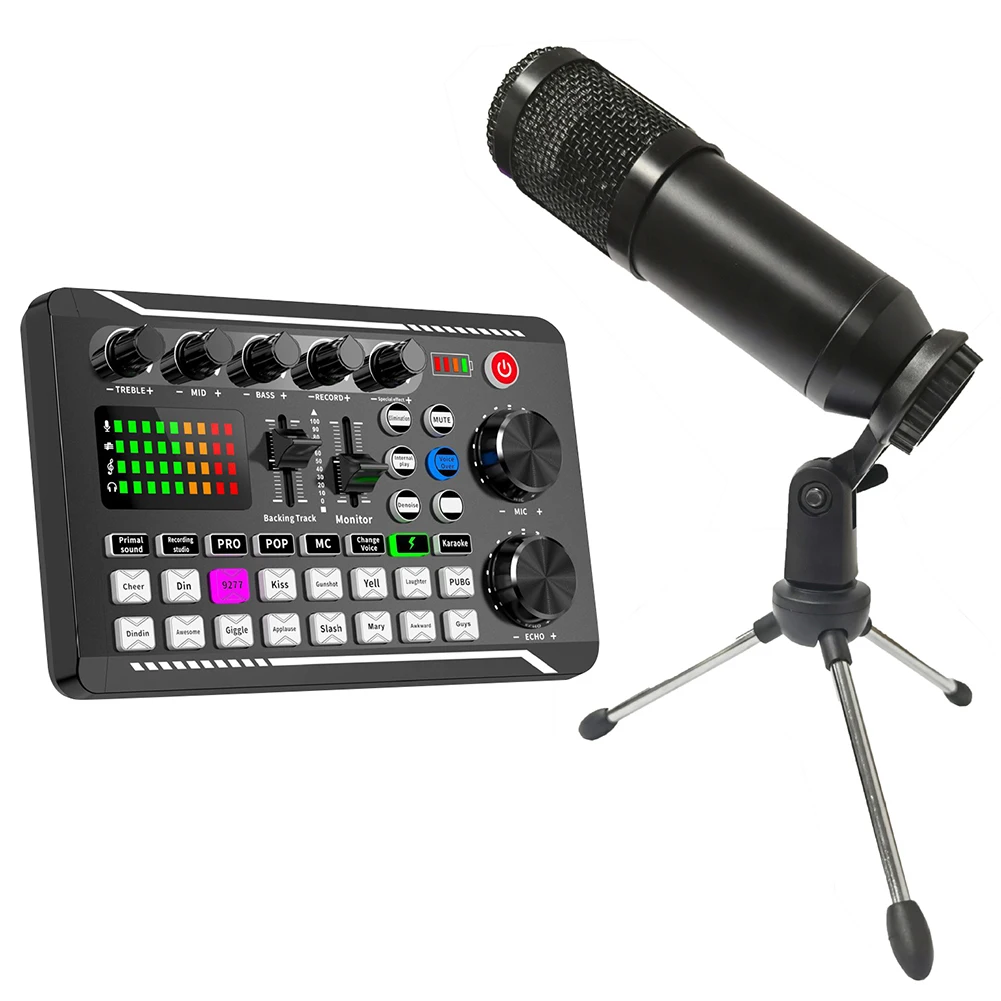 Bluetooth-Compatible Sound Card with BM800 Microphone Set Studio Record Phone Live Audio Mixer PC Voice Mixing Console Amplifier
Bluetooth-Compatible Sound Card with BM800 Microphone Set Studio Record Phone Live Audio Mixer PC Voice Mixing Console Amplifier