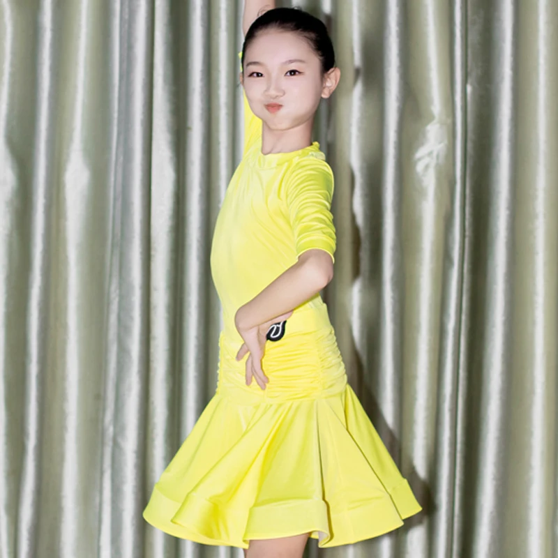 

Детский танцевальный костюм для латиноамериканских соревнований, желтая одежда для профессиональной латиноамериканской практики, одежда ...