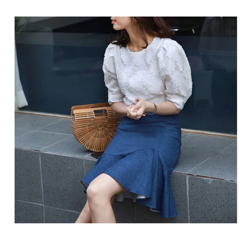 Summer thin bag hip irregular short denim half-length fishtail skirt Denim skirt, half-length skirt, elastic thin summer a-line
Summer thin bag hip irregular short denim half-length fishtail skirt Denim skirt, half-length skirt, elastic thin summer a-line