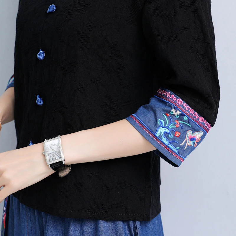 Women's Dress Chinese Summer Style Retro Embroidery Contrast Stitching Flower Plate Buttoned Shirt Loose Clothes Streetwear 2021 
Women's Dress Chinese Summer Style Retro Embroidery Contrast Stitching Flower Plate Buttoned Shirt Loose Clothes Streetwear 2021