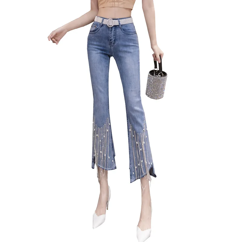 Rhinestone Flare Jeans Women's High Waist Irregular Denim Pants Ladies Trendy Cropped Trouser with Beading Tassels
Rhinestone Flare Jeans Women's High Waist Irregular Denim Pants Ladies Trendy Cropped Trouser with Beading Tassels