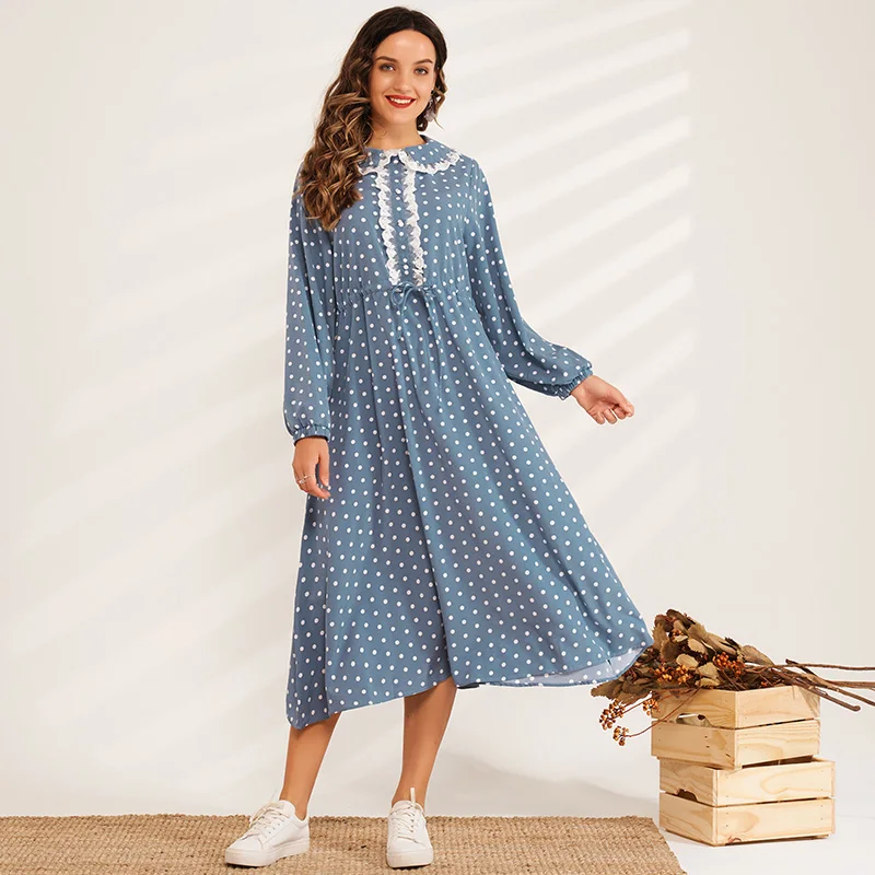 New Product Ladies Fashion Sweet Lace Doll Lapel Temperament Age-reducing Waist Drawstring Polka Dot Blue Long Woman Dress
New Product Ladies Fashion Sweet Lace Doll Lapel Temperament Age-reducing Waist Drawstring Polka Dot Blue Long Woman Dress