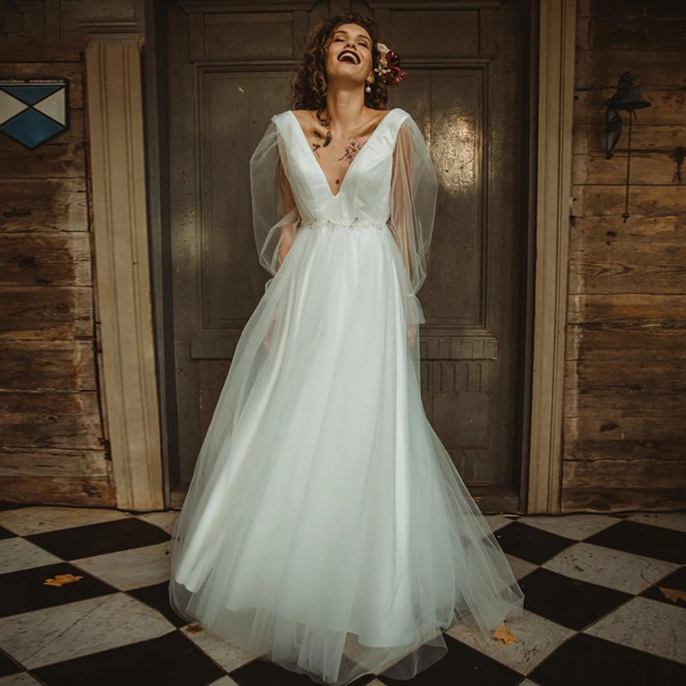 Simple A-Line Boho Wedding Dress Deep V-Neck Long Sleeve Backless Sweep Train Plus Size Bridal Gowns 2021 Vestidos De Noivas
Simple A-Line Boho Wedding Dress Deep V-Neck Long Sleeve Backless Sweep Train Plus Size Bridal Gowns 2021 Vestidos De Noivas