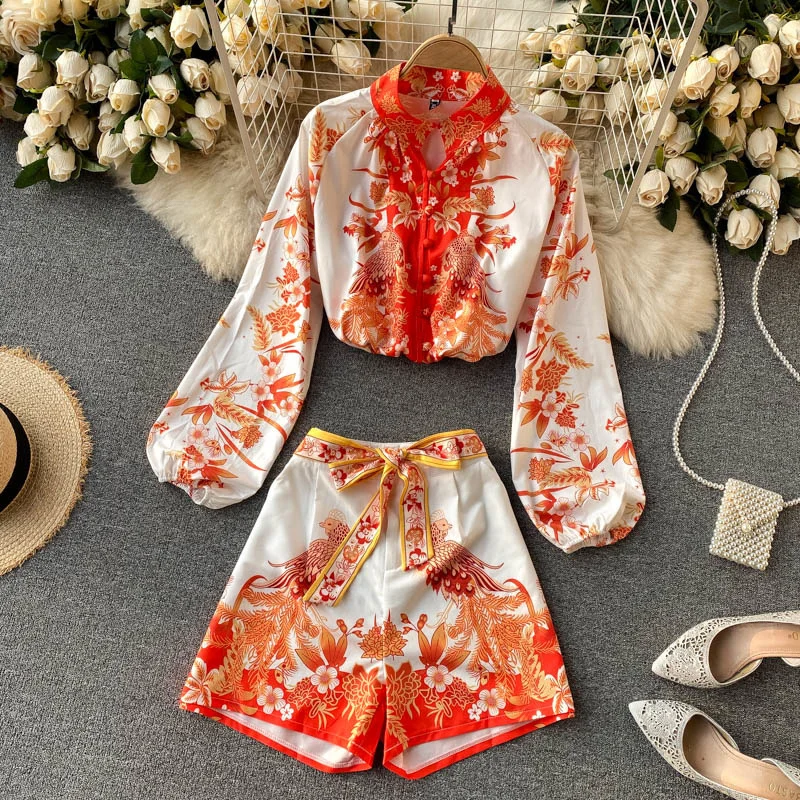 Women Shorts Printing Stand Neck Lantern Sleeve Belt Arrivals Two Piece Set Fashion Autumn
Women Shorts Printing Stand Neck Lantern Sleeve Belt Arrivals Two Piece Set Fashion Autumn