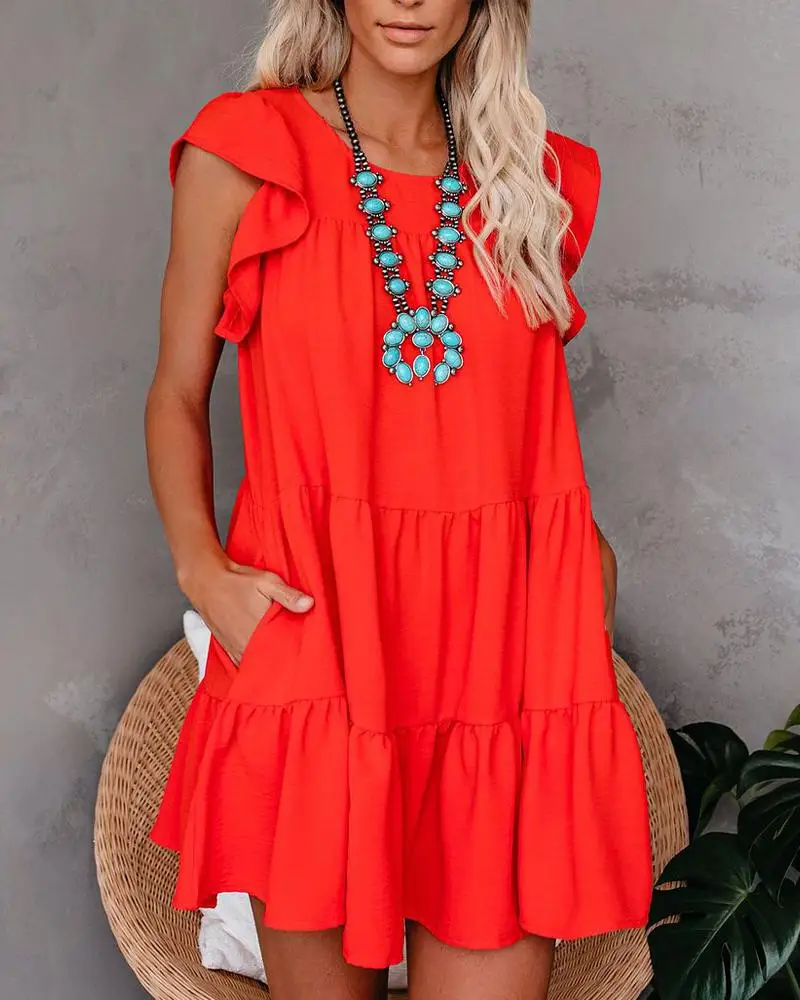Women Summer Ruffles Casual Solid Boho Mini Dress Loose Round Neck Pockets Design Ruffle Sleeve Mini Tunic Dress
Women Summer Ruffles Casual Solid Boho Mini Dress Loose Round Neck Pockets Design Ruffle Sleeve Mini Tunic Dress
