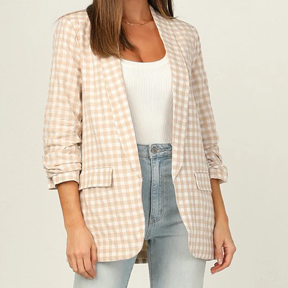 

Za 2021 spring autumn lady pocket decorative Blazer Plaid coat fashion casual grid Suits jacket lapel Long Sleeve midi Outerwear