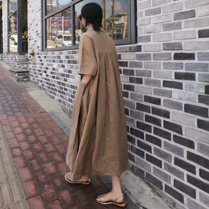 Women Vintage Cotton Linen Dresses V-Neck Solid Color Robes 2020 New Summer Short Sleeve Pockets Female Loose Dresses 
Women Vintage Cotton Linen Dresses V-Neck Solid Color Robes 2020 New Summer Short Sleeve Pockets Female Loose Dresses