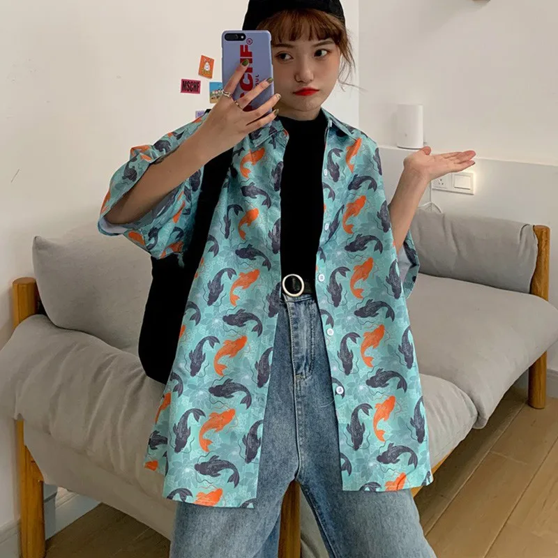 Blue Tops Trendy Fish Print Women Shirt Fashion Loose Short Sleeve Lapel Blouse Comfy Casual Student Girl Blouses 
Blue Tops Trendy Fish Print Women Shirt Fashion Loose Short Sleeve Lapel Blouse Comfy Casual Student Girl Blouses